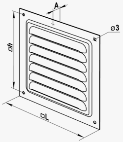 MVM150 schema Aluminium model and protecting insect screen, option with white polymer coating Air pass - 0.0060 m2. Decoration of exhaust vents of public, residential and industrial ventilation systems. For supply ventilation and air conditioning. Used for correct air flow distribution in premises. Internal or external wall and ceiling mounting.