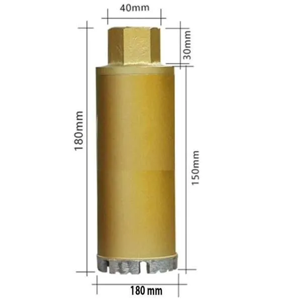 Drill 0 180 Good core drill that we use ourself. We have tried many drills for concrete, red bricks, qcon block and this is the best / cost we have used. Features Drill bit with high-quality diamond as raw material, crown blade design, Sharp and durable、Not burning drill bit、Not stuck drilling、industrial grade drill Application Marble, pebbles, concrete, bricks and other stone drilling Suitable machine Commonly used in electric drills, water drilling machine (NOTE: It is strictly forbidden to use the electric hammer function! It is recommended to use the electric drill function! Drill bit interface: M22 (Adapter SDS PLUS buy here)  length:180mm This product does not include adapters, if necessary, please click here to purchase. Order item, 2-3 weeks