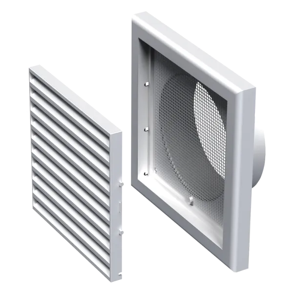 mv100vfront8004 Benefits of ASA plastic products High mechanical toughness and UV-resistance. Heat-ageing resistance. The colours remain bright and clear even after many years of weather exposure. High heat and frost resistance means no deformation and no cracks during outer temperature and humidity drops. Resistant to sulphuric acid, alkali, ammonia, diesel fuel and engine oil, ethanol and ethylene glycol. With Insect Screen Fitted with a round connection flange for mounting with Ø150mm Air pass - 0,0083 m² Decoration of supply and exhaust vents of public, residential and industrial ventilation systems. Used for correct air flow distribution in premises. For wall or ceiling mounting. Made of quality and durable plastic. Multi-element structure. The internal part is fixed to the base with latches for easy cleaning without dismantling. Screw fixing. The grille has slanted vanes. White colour (brown and beige can be ordered for project MOQ 100 pce)