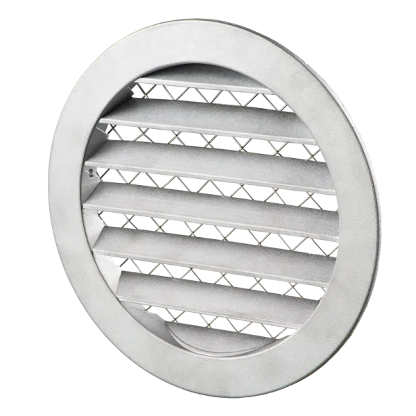 mvma22 Air pass - 19.5 cm2. Decoration of supply and exhaust vents of public, residential and industrial ventilation systems. Applicable for HVAC systems. Made of aluminium. Equipped with a round spigot for connection to air ducts. Coarse insect screen of stainless steel included. Mounting to an air duct using self-tapping screws.