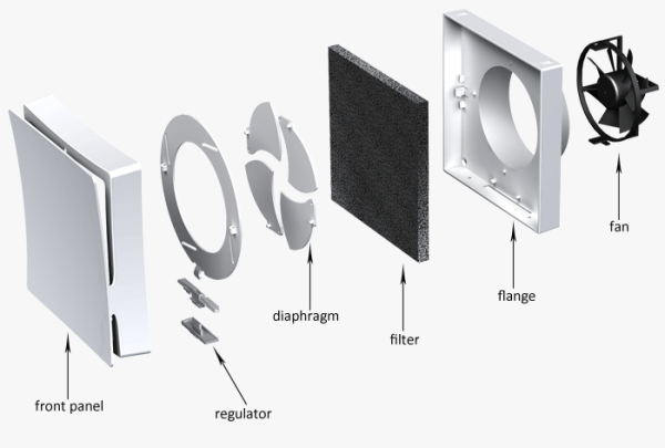 pss 102 structure 700 en 1 Vents Wall vent inlets take in air for constant ventilation and designed to supply fresh air into your building. PSS102 is a cost efficient and self-sufficient device to get more intensive air exchange compared to passive airing. It fills the room with fresh air without opening windows. It comes with a filter so dust, mosquito etc. will not come into the room. Vents wall vent is installed to the outer wall of the building (houses, apartments, office etc.) This device needs to have sun to work efficient. Special design internal grille makes the airflow distribution smooth with no draughts. Internal grille is made of high quality ABS plastic and supplied with dust filter (G3) with the possibility to adjust or close the air flow with built in regulator. Suitable for air handling of small and middle-size premises (depending on the way of installation of the fan). The air flow direction can be easily changed by turning the motor 180 degrees; The solar panel provides for a more intensive air exchange as compared to regular passive airing; Cost efficiency: the natural solar power is used; Independence: The motor is powered by solar panel. Supply voltage of the motor is 9…18 V. Electric parameters of the solar panel change depending on intensity of the solar flux. Intermediary parameters are shown in the table below; In dark hours of the day, the ventilator operates as an element of passive ventilation; Possibility to manually control the cross-section of the air flow.