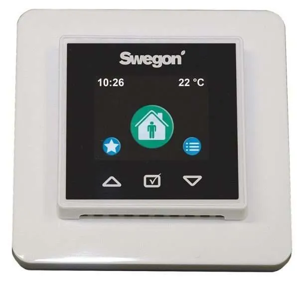 control panel White wall mounted control panel with a colour display and touch buttons for both recessed and surface mounted installation. With the Smart control panel it is easier than ever to set the ventilation according to different situations. The functions can be set manually from the colour display or be pre-programmed using the weekly timer. The ventilation can also be controlled automatically with automatic Smart functions (accessory). Can be used with all Smart ventilation units. Controlling of Smart ventilation units