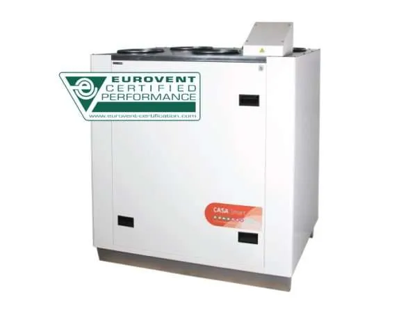 Casar15 top EUrovent Top connection air handling unit that requires little space Compact air handling unit (1080 x 788 x 1100 mm, Ø250 mm) with rotating heat exchanger perfectly suited shops, offices or conference rooms, etc. (1710 m³/h, 850 m²). The market’s most intelligent humidity control as standard. Developed, manufactured and tested for Nordic climate. Ecodesign energy class NRVU* Air flow range 270 - 1710 m³/h Temperature efficiency up to 86 % (EN 308) Annual efficiency up to 81 % (Stockholm 21°C) Demand-controlled humidity function as standard Automatic summer function and passive cooling Anti-frost protection ensures continuous ventilation External coils for heating and cooling as an option Can be connect to the automated building management system (I/O / Modbus) Can be integrated with the cooker hood for placement above the cooker. Control System CASA Smart * Defined as non-residential ventilation unit according to Ecodesign Lot 6. Controls (options) CASA Smart ventilation units are equipped with the market’s most versatile control options! Select the required control method or combine several! Smart control panel Smart Access for mobile connection CASA Jazz cooker hood (integrated) CASA Smart cooker hoods (connected with a separate duct) Centralised Building automation (with SEM Modbus module or configurable I/O).