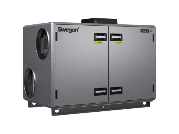 gold rx08 productimage white Air handling unit with rotary heat exchanger
เครื่องจัดการอากาศที่ประหยัดพลังงานที่สุดในตลาด พร้อมระบบควบคุมที่เป็นเอกลักษณ์ ครอบคลุม และใช้งานง่าย
GOLD RX is a complete air handling unit with rotary heat exchanger, direct-driven supply air and extract air fans as well as supply air and extract air filters. Temperature efficiency, heat exchanger up to 85% Air flows up to 50.400 m³/h Variable speed control for rotary heat exchanger Recovers heat energy and cooling energy Optimised fan sizes give greater freedom to choose exactly the right size of air handling unit and fan variants to suit the needs of the installation. This also gives even greater possibilities to optimise the energy efficiency of the current project Rotary heat exchanger RECOnomic / RECOsorptic
A rotary heat exchanger consists of an aluminium wheel with numerous small air passages. Energy is transferred between the supply air and extract air or vice versa when the wheel rotates. This is the most energy efficient heat recovery method with a temperature efficiency that always exceeds 80%. Thanks to a patented design with a turbulent flow in the air passages, RECOnomic attains a uniquely high degree of energy efficiency. Swegon’s rotary heat exchanger is also available in an sorption version (RECOsorptic), which increases the energy efficiency further through the product dehumidifying or recovering moisture depending on the conditions and needs. Full control over air quality
On account of the unique combination of purging sector and Carry-Over Control functionality, the risk of leakage between the extract air and supply air is minimised, which ensures the building is always ventilated with fresh air. GOLD RX/HC – integrated cooling and heating
The new generation of GOLD introduces many new opportunities. One major addition is GOLD RX/HC, a plug-and-play solution for integrated cooling and heating production. Thanks to an integrated reversible heat pump it is now easier than ever to create a comprehensive ventilation system. Incredibly easy to plan, install and commission. Furthermore, all functions are easily accessible via GOLD’s user interface.