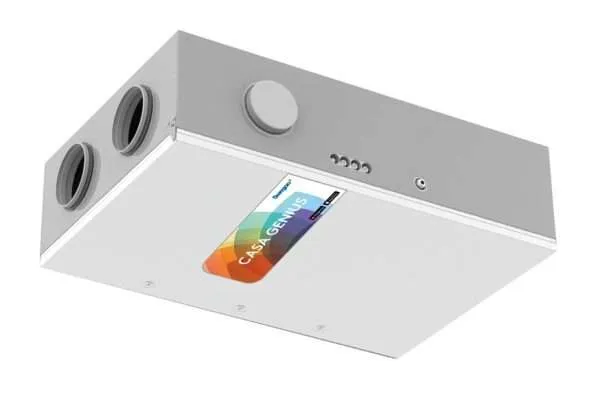 r4 c genius Residential ventilation unit for ceiling mounting Residential air handling unit (1050 x 700 x 296 mm, Ø160 mm) with rotary heat exchanger for houses, small offices etc. Flat design and compact size enables various mounting options, also ideal for ceiling mounting as height under 30 cm. The market’s most intelligent humidity control as standard. Ecodesign energy class A* | 39 dB Air flow range 20-92 l/s | 72-331 m³/h Temperature efficiency up to 82 % (EN 13141-7) Rotary heat exchanger Demand-controlled humidity function as standard Continuous control of the supply air temperature External coils for cooling & heating as an option Control with touch panel, mobile app or kitchen hood Can be connected to the automated building management system (I/O / Modbus) For ceiling installation, embedded in the suspended ceiling. Can also be installed on the wall. CASA Genius control system